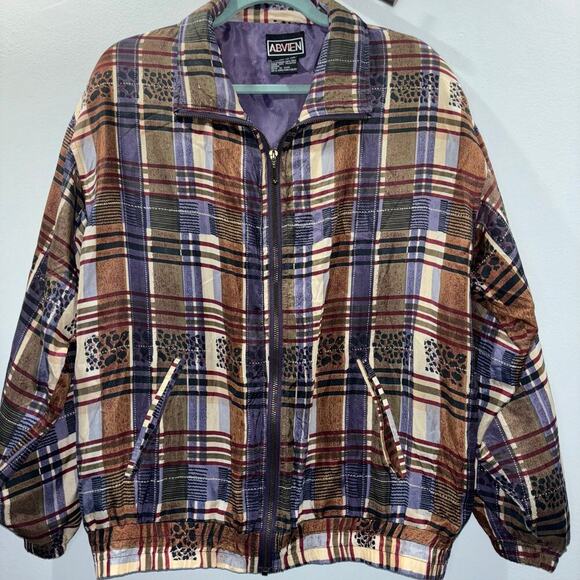 Vintage 80s 90s ABVIEN 100% Silk Bomber Jacket | Plaid + Animal Print | Medium - Picture 4 of 11